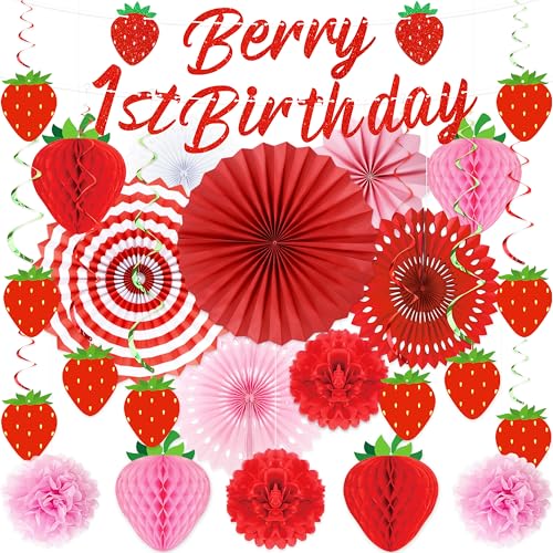 28Pcs Strawberry Birthday Party Decorations Include Berry 1st Birthday Banner Honeycomb Hanging Swirl Paper Tissue Pom Poms Fans for Party Supplies Decor