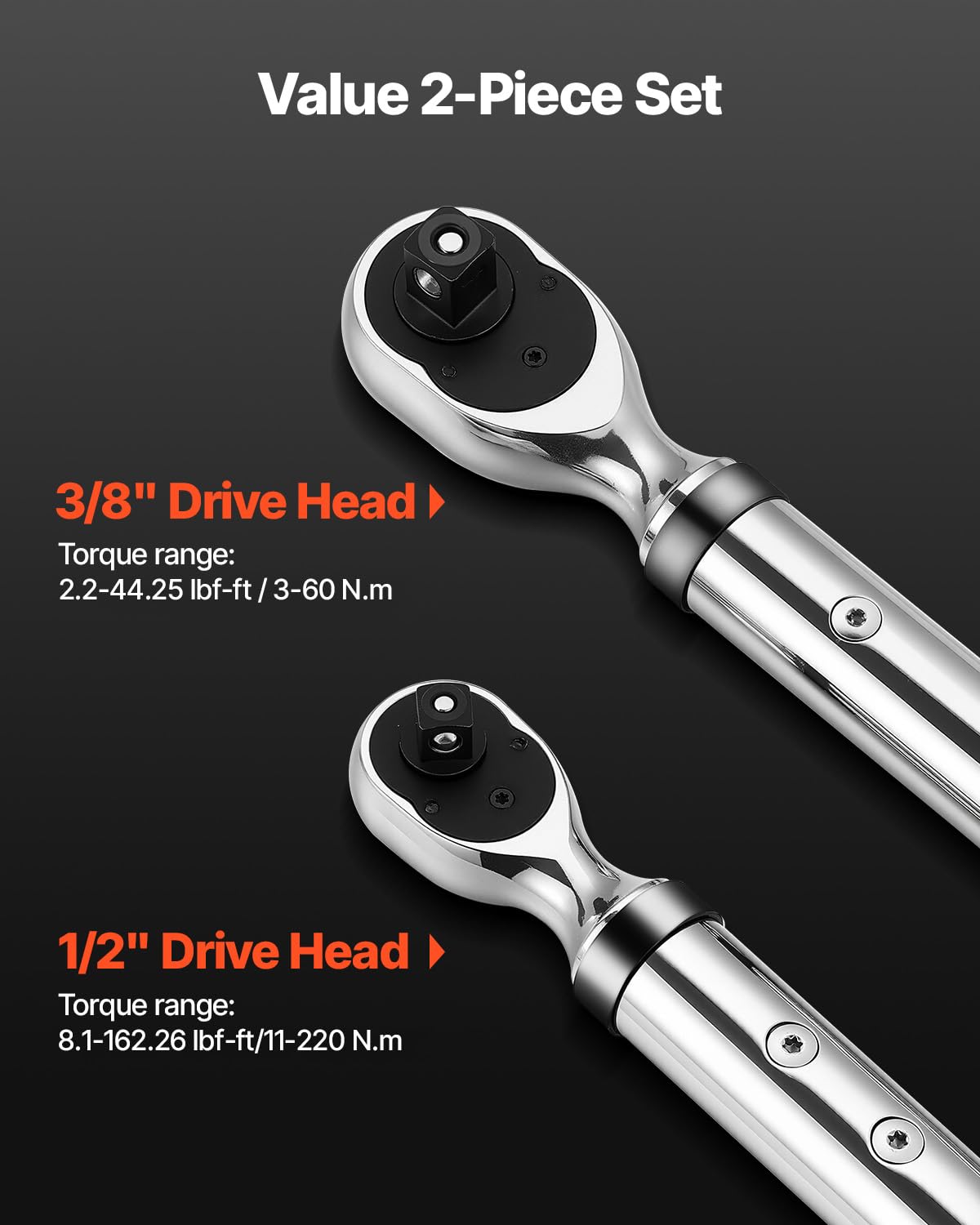 VEVOR 2 PCS Juego de Llaves Dinamométricas Digitales Accionamiento de 1/2" y 3/8" 72 Dientes ±2% de Precisión Llave Dinamométrica Electrónica con Valor Preestablecido, Zumbador y Notificación LED
