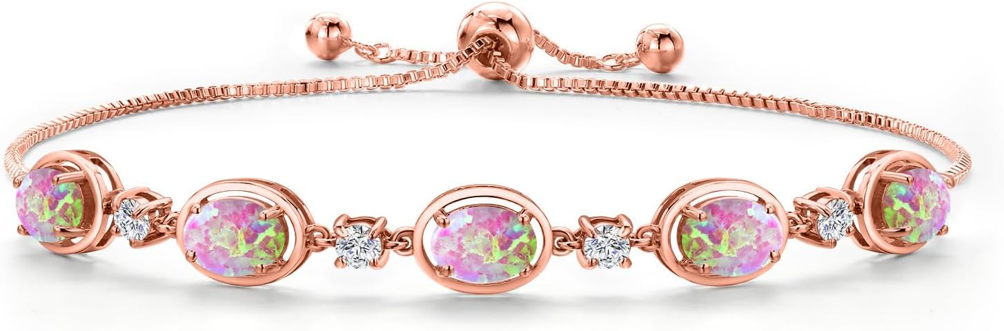 Gem Stone King 18K Rose Gold Plated Silver Simulated Pink Opal and Moissanite Tennis Bracelet For Women | 3.15 Cttw | Gemstone October Birthstone | Oval Cabochon 7X5MM | Fully Adjustable 10 Inch