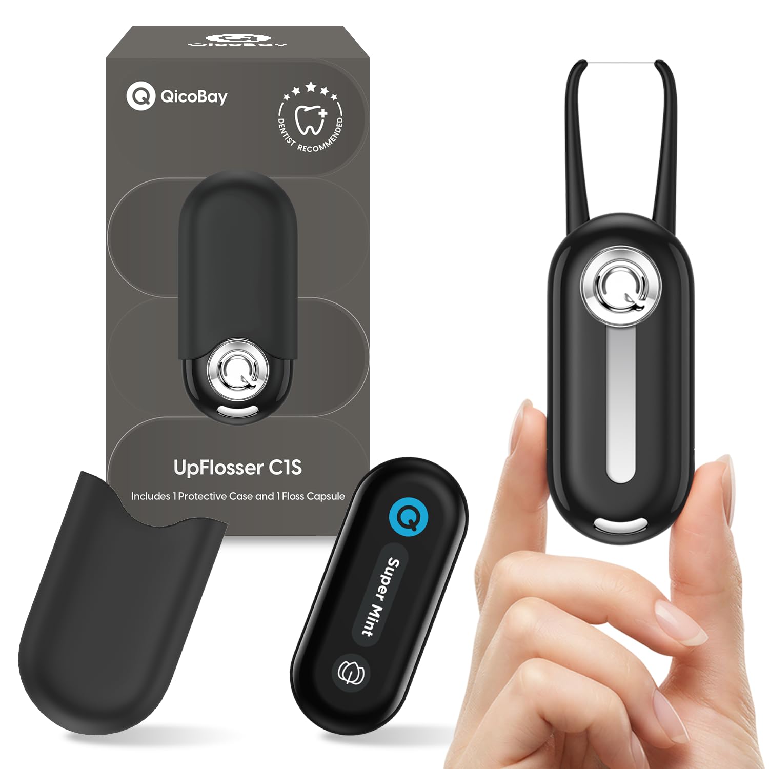 C1S Portable Flosser Set, Auto-Restringing Flosser with Replaceable Floss Capsule, Multi-Hygiene, Reusable Travel Floss, Recyclable Zero Waste, Super Mint (Abyss Black)-image-34