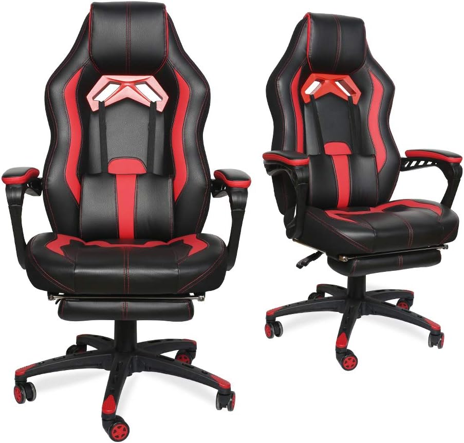 Gaming Chair Racing Footrest Massage Computer - Cushioned Comfort High Back PU Leather USB Vibrator Ergonomic Recliner Home Office Video Game for Kids for Gift for PS5 (Red, D01)