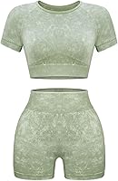 OLCHEE Women's Seamless Acid Wash 2-Piece Workout Set: High Waist Yoga Shorts & Crop Top Gym Outfits