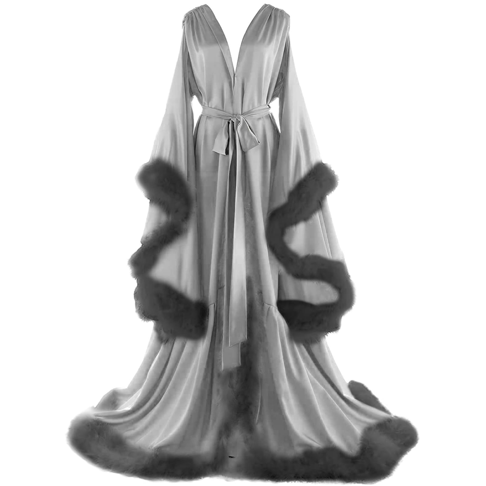 Daily Life Mall Women's Feather Bridal Robes Old Hollywood Maternity Photoshoot Nightgown Silk Bathrobe Long Lingerie: Large Grey+black