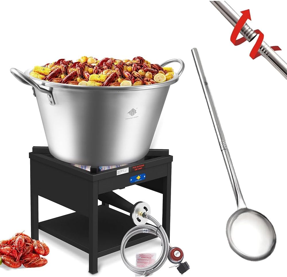 ARC 69QT Mexican Cazo Para Carnitas Set, 200,000BTU Propane Burner, Stainless Steel 25" Heavy Duty Outdoor Wok With 36" Large Spoon, Great for Carnitas, Braising, Seafood Boiling, Inoxidable Wok