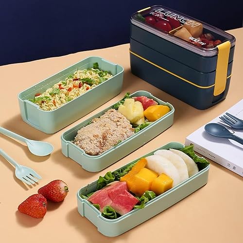Miniatura 6 de Iteryn Lonchera Bento Box con compartimentos 3 en 1, popote de trigo, a prueba de fugas, ecológica, lonchera Bento para preparar comidas (azul