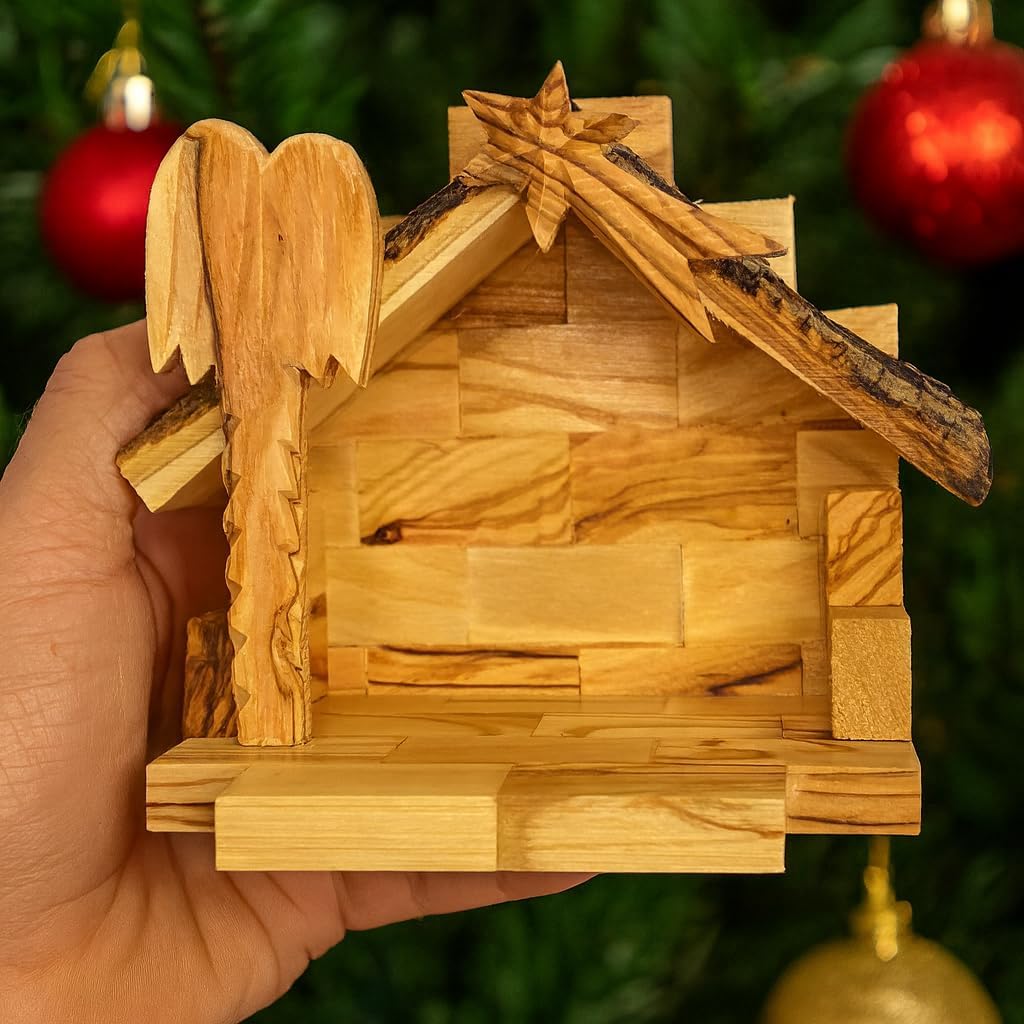 Zuluf Olive Wood Nativity Stable with Natural Bark Roof – Handmade in Bethlehem Holy Land | 4.5x3.6x6 Inch Wooden Manger Crib for Nativity Scene Indoor Christmas Décor – Authentic Olivewood NAT106