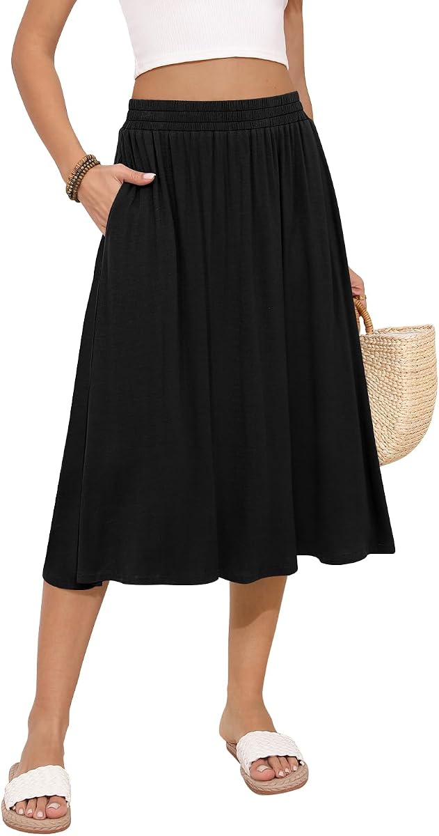 MLXSJ Women's Midi Skirt Summer Flowy Elastic High Waisted Casual Pleated Skirts with Pockets