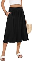MLXSJ Women's Flowy Midi Skirt with Pockets - Elastic High Waisted Pleated Summer Casual Skirt