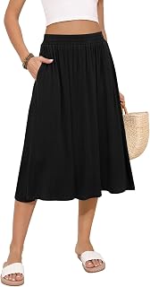MLXSJ Women's Flowy Midi Skirt with Pockets - Elastic High Waisted Pleated Summer Casual Skirt
