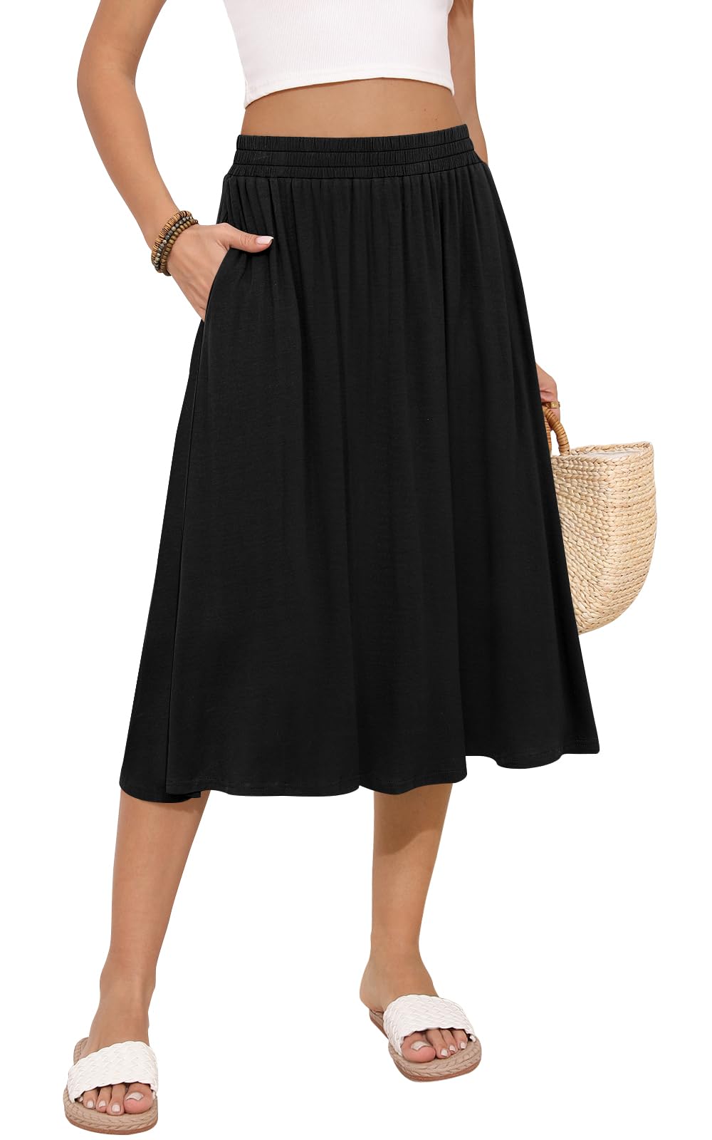 MLXSJ Women's Midi Skirt Summer Flowy Elastic High Waisted Casual Pleated Skirts with Pockets