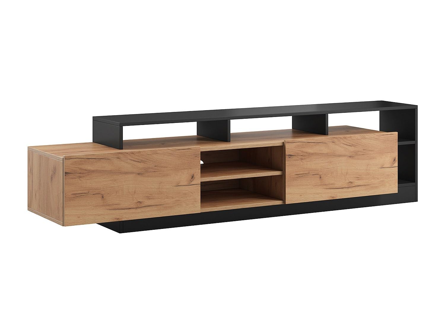 Vente-​unique - Meuble TV 2 Portes et 6 niches avec LEDs - Naturel Clair et Anthracite - IDESIA