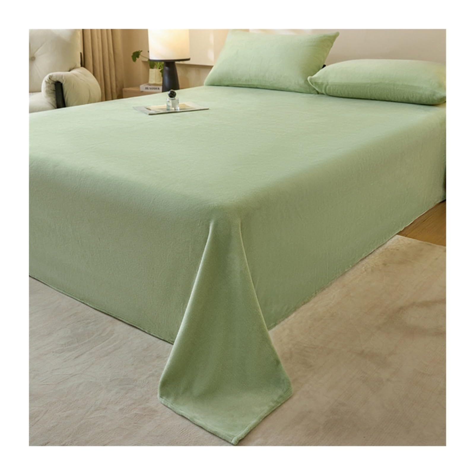 Winter Flanell Bettlaken 120x230cm bis 245x270cm Flauschige Warme Samt Betttuch Cashmere Touch Laken ohne Gummizug(Green A,245x250cm+48x74cm x2)