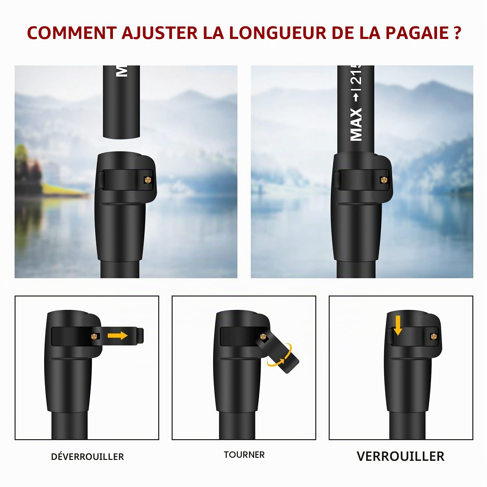 OVERMONT Pagaie Sup Réglable 162–215 cm, Démontable en Aluminium | Manche en aluminium, pale en PP et poignée antidérapante; réglage télescopique pour SUP, kayak, canoë et bateau gonflable