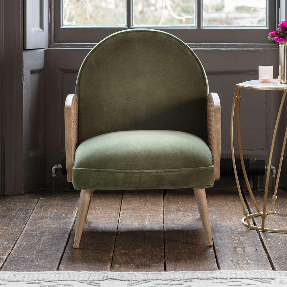 Suryavanshi Sheesham Wood Emmeline Velvet Armchair - Elegance and Comfort Combined, Cane Armrest and Cushioned Velvet Upholstery (Olive Green)