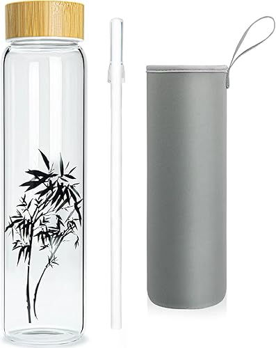 Miniatura 9 de Botella de agua de vidrio de 32 onzas con popote, botella de vidrio de borosilicato de boca ancha con tapa de bambú y funda de neopreno