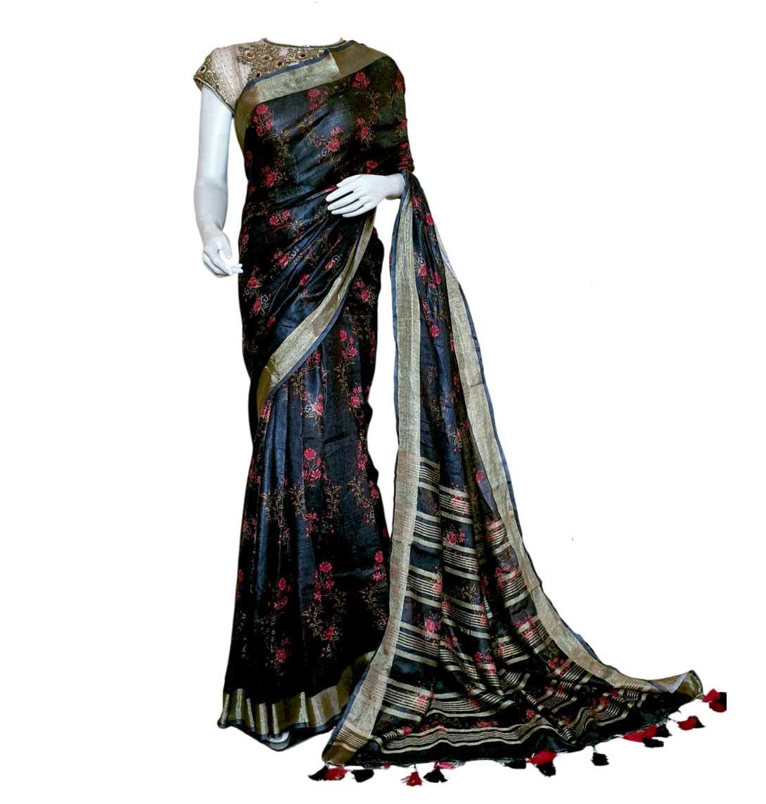 Black Floral Printed Linen Saree with Golden Zari Border & Tassel Pallu-image-16