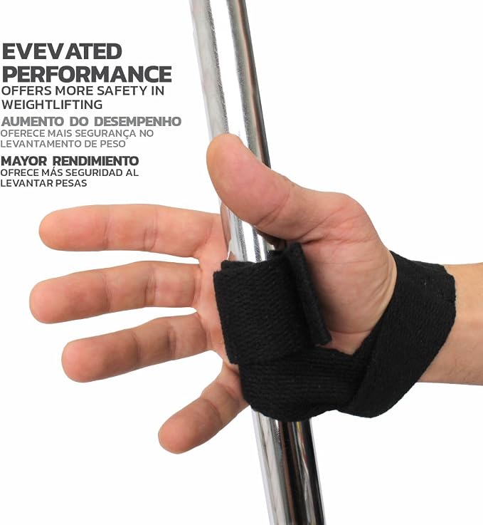 Mão utilizando o strap de musculação Muvin para segurar uma barra de metal
