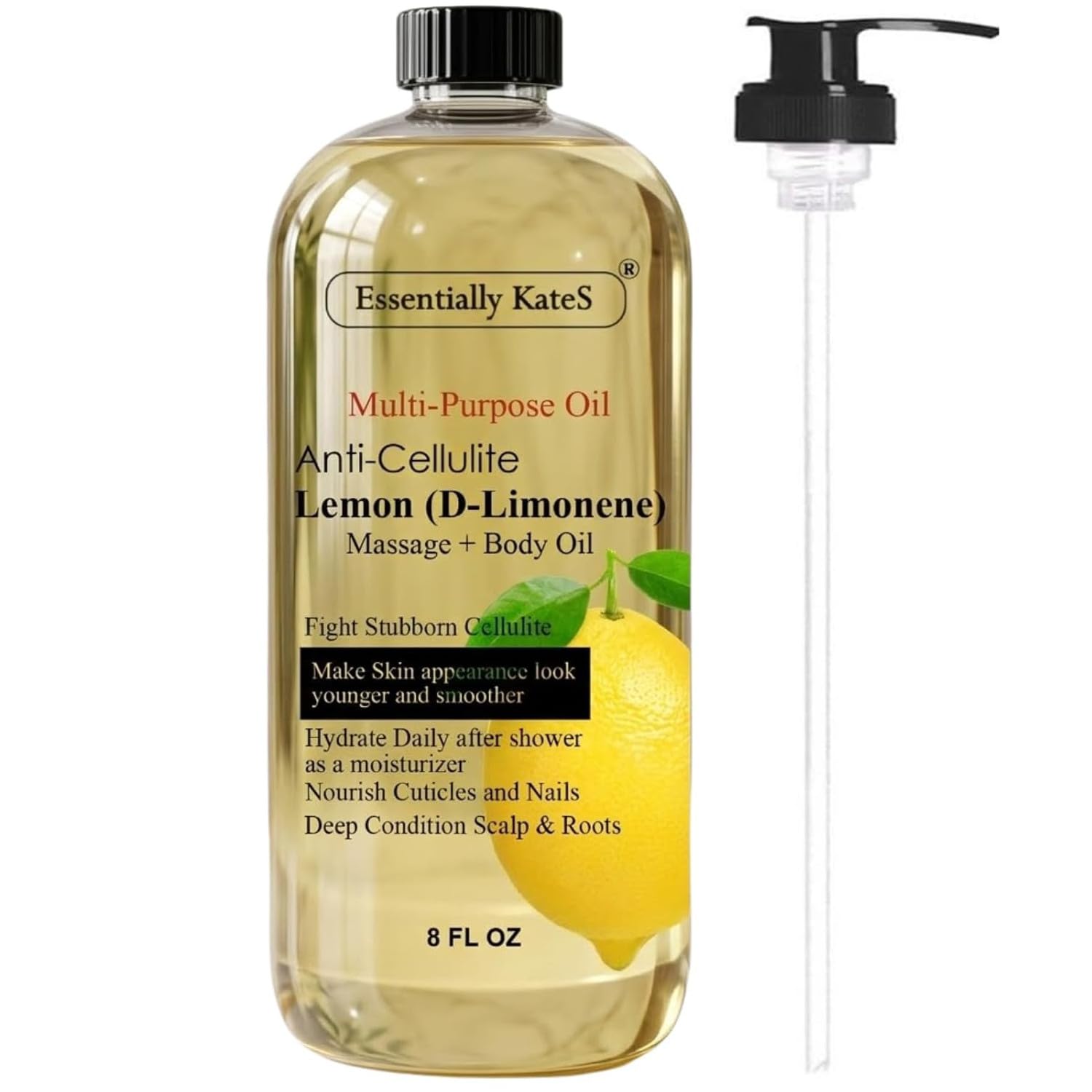 Essentially KateS Lemon (D-Limonene) Massage Lotion Body Oil Multi-Purpose Oil 8 Fl Oz - Cellulite Massage, After-Shower Moisturizer, Hair Scalp Conditioning, and Nail &amp; Cuticles Nourishing