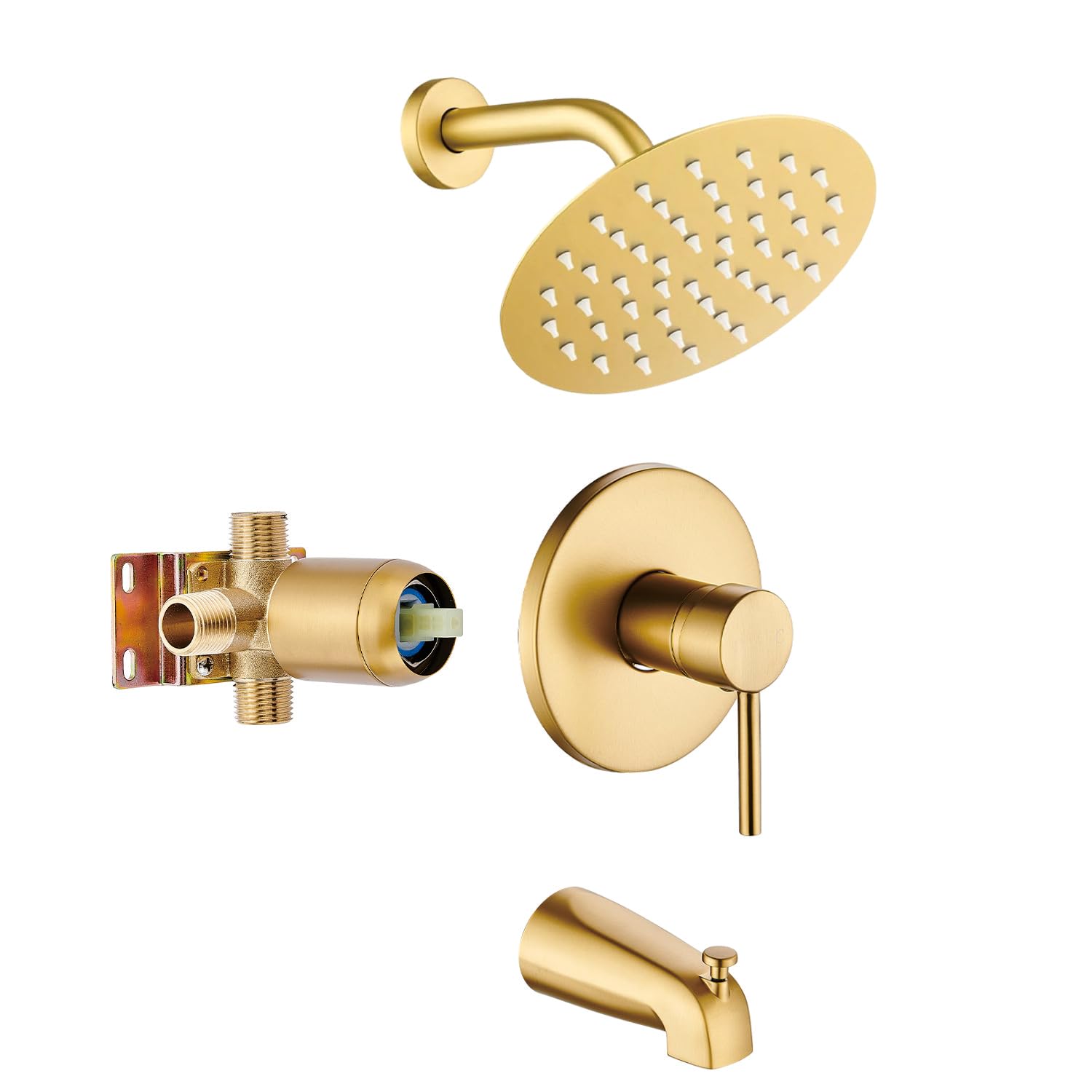 Photo 1 of Brushed Gold Tub Shower Faucet Set Complete with 6-Inch Rainfall Shower Head and Tub Spout Included Shower Valve Tub Shower Trim Kit Round
