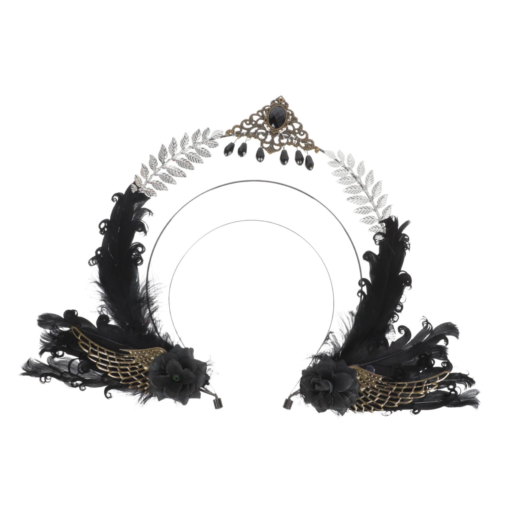 POPETPOP Cerchietto Chioma Donna Elegante in Metallo Nero con Cristalli e Piume, Accessorio Vintage Chic per Festa a Tema, Facile da Indossare e Decorativo
