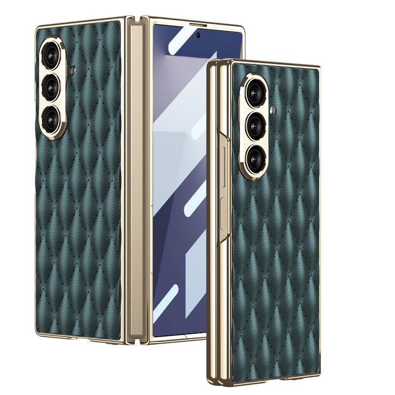 Coque Galaxy Z Fold 7 luxe en cuir plaqué vert foncé et verre intégré