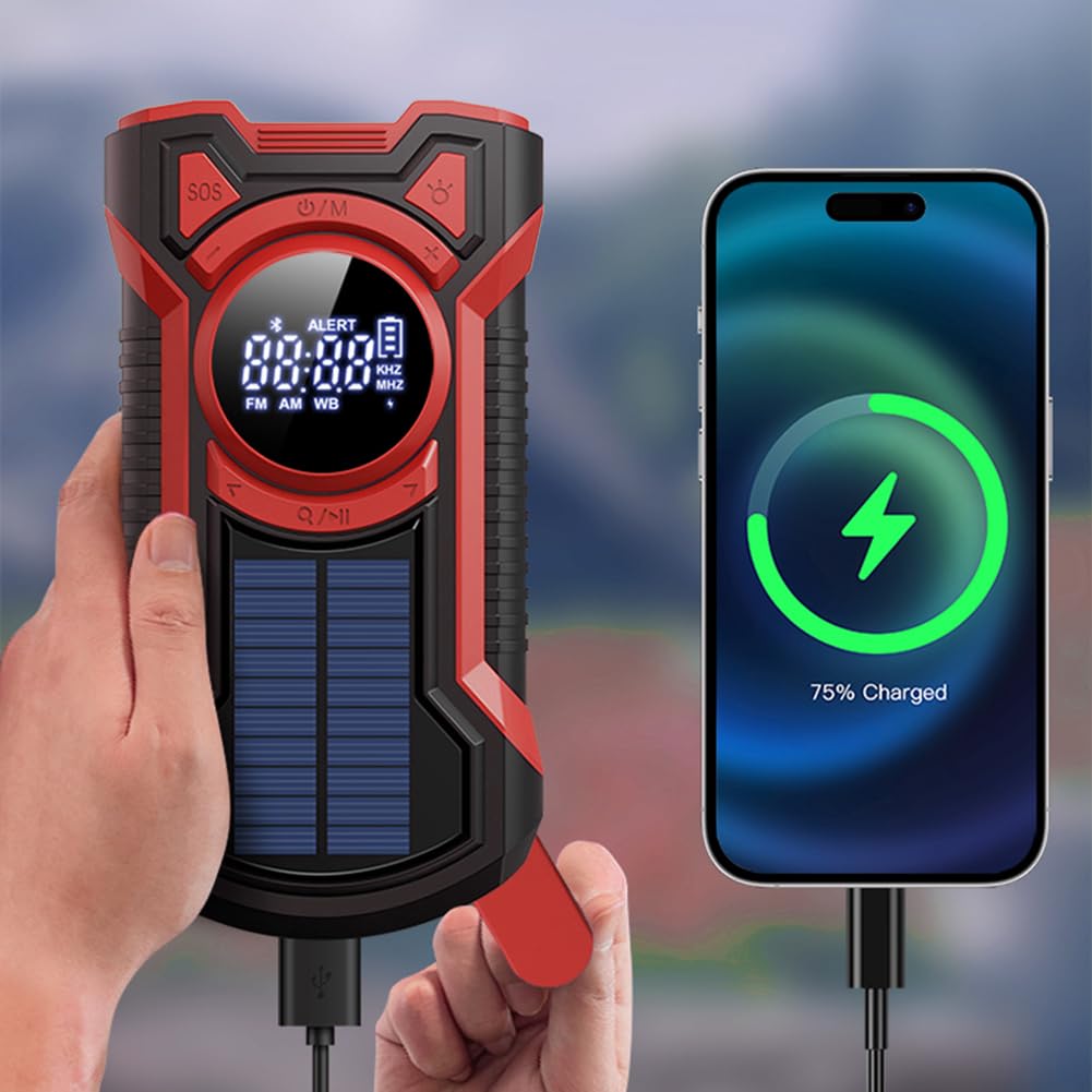 Juchrzeey Solar wielopasmowe Wodoodporne radio Wodoodporne ręczne korba przenośna awaryjna Radio 5000MAH -Compatible5.3 LED LED LED LED LIDY SOS dla przetrwania na zewnątrz (czerwony)