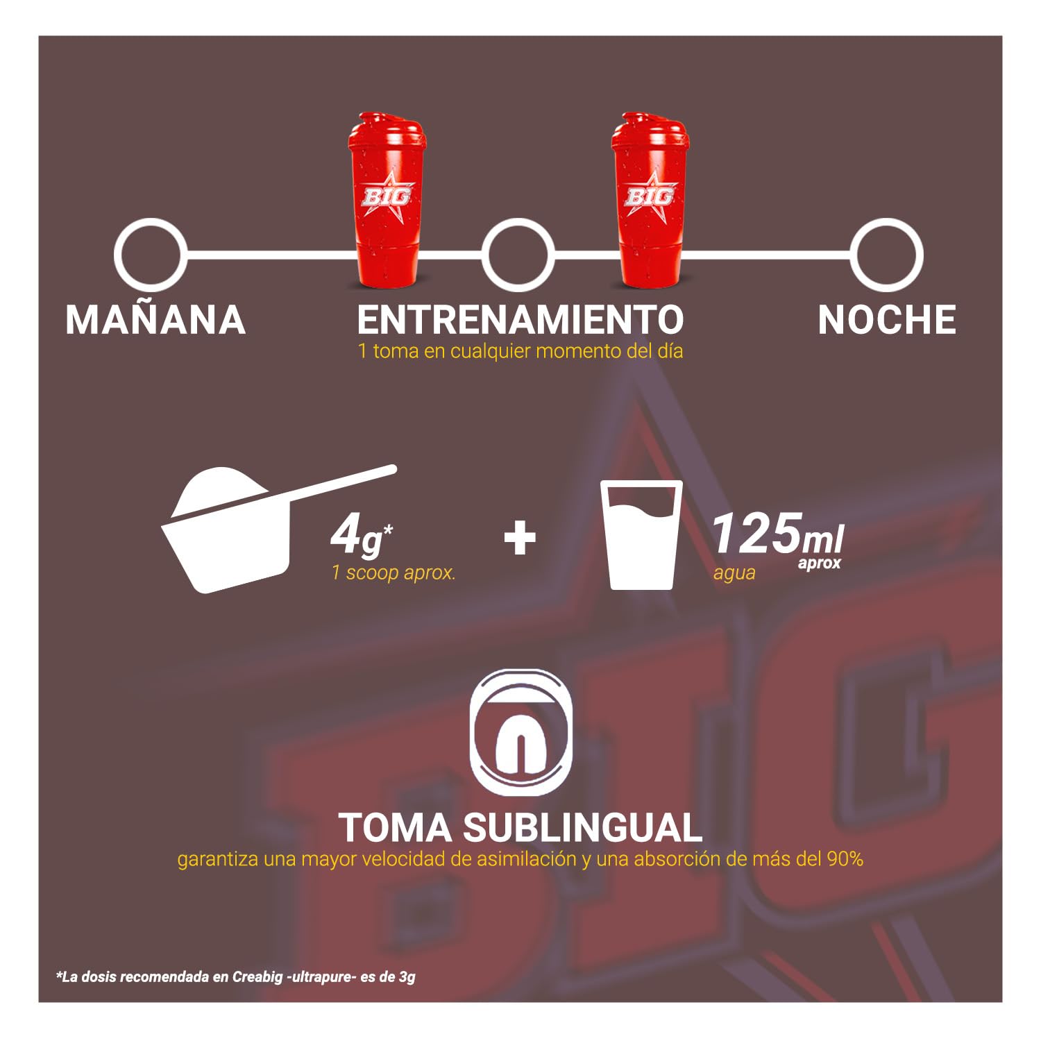 BIG - Creatina Creapure ® - Creatina Monohidratada Creapure, Rendimiento Físico y Recuperación - Materia Prima Premium - Monohidrato de Creatina de Rápida Absorción, Vegana (250g, Ultra Pure (neutro)