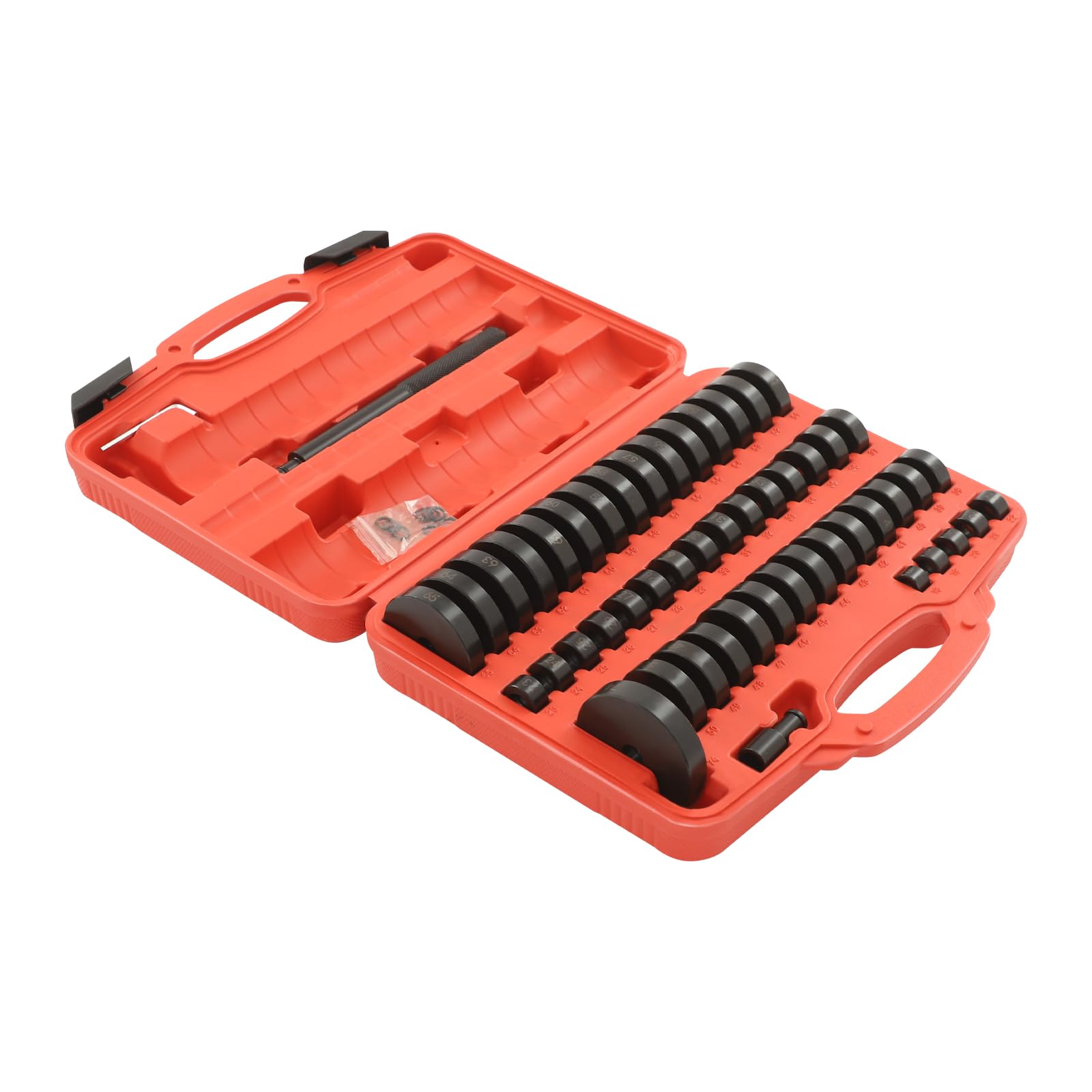 51 attrezzi per cuscinetti ruota, in acciaio al carbonio, in plastica, 34 x 28 x 8,5 cm, con 49 piastre di pressione, 1 timbro codificato, 1 chiave esagonale