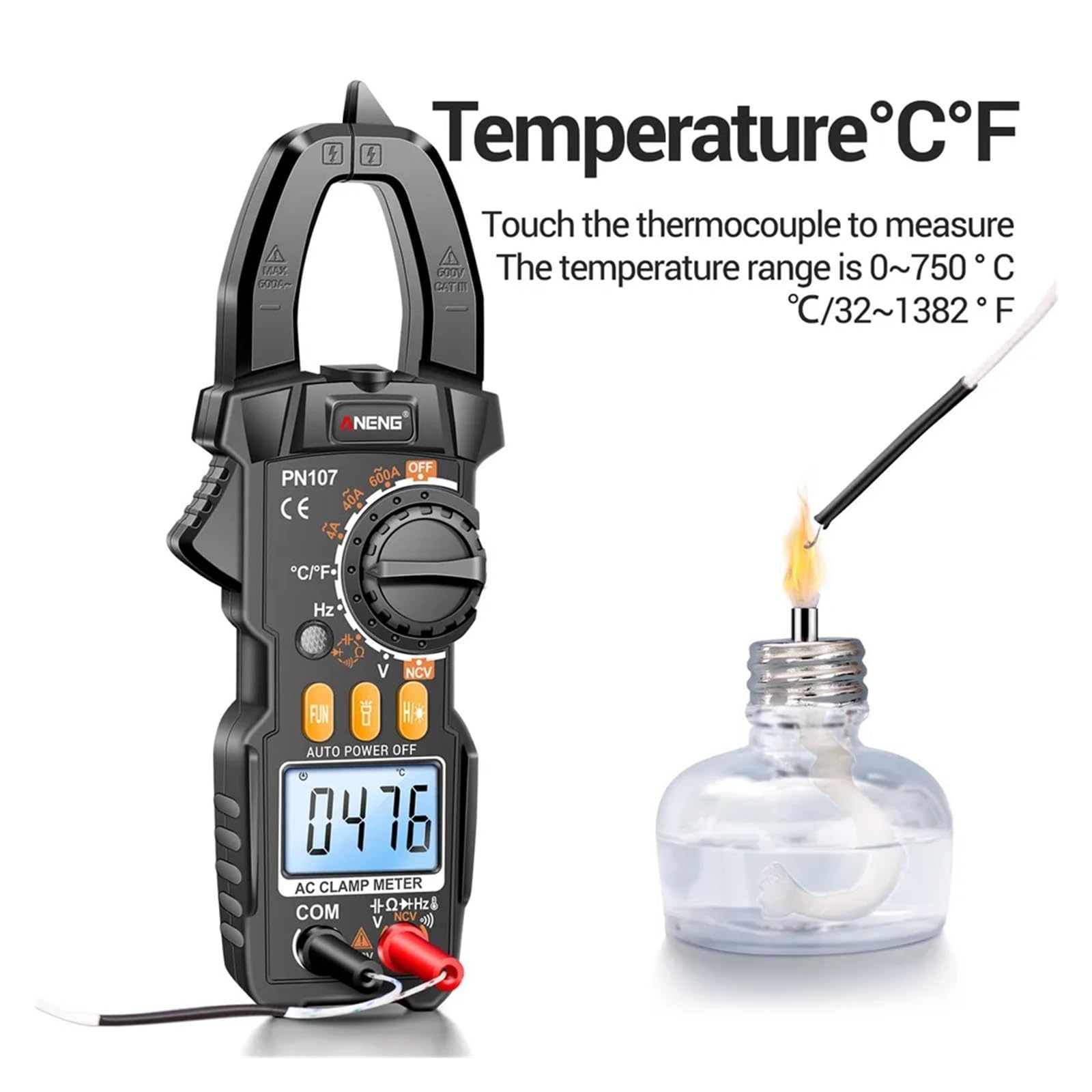 PN107 Digital Clamp Meter 600A AC Current Tester Voltmeter Ammeter NCV Diode with Temperature Frequency Professional Tool(Black Pro)