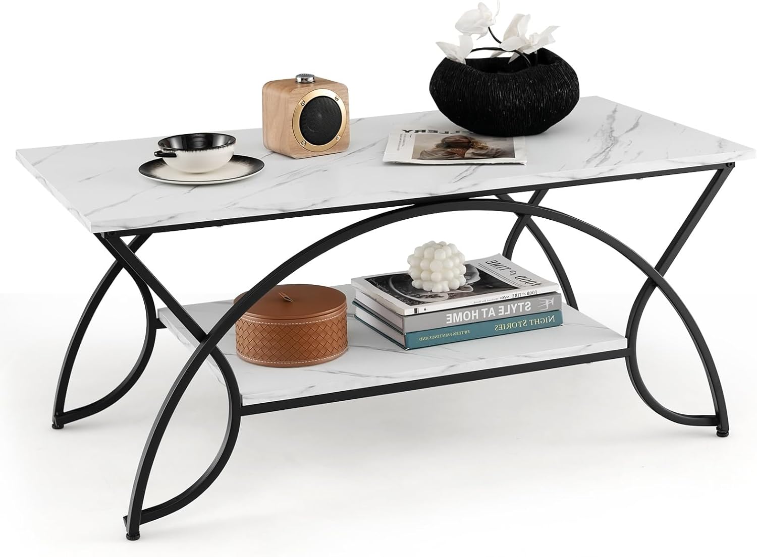 COSTWAY 2Tier Coffee Table, Modern Faux Marble Accent Table with Storage and Gold Finished