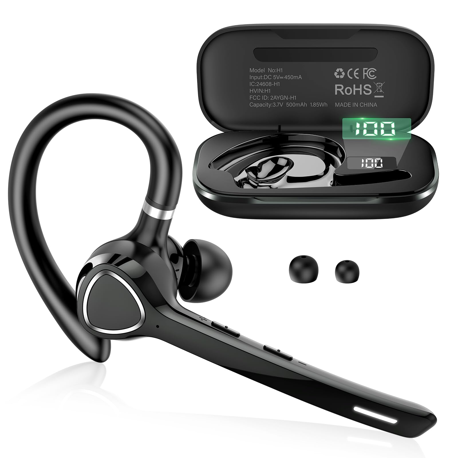 Cuffie Bluetooth Singolo Vivavoce, Auricolare V5.4 con Doppio CVC8.0/ENC Noise Canceling Mic Mute, 90 Ore Mano Libera Auricolare Bluetooth Nero