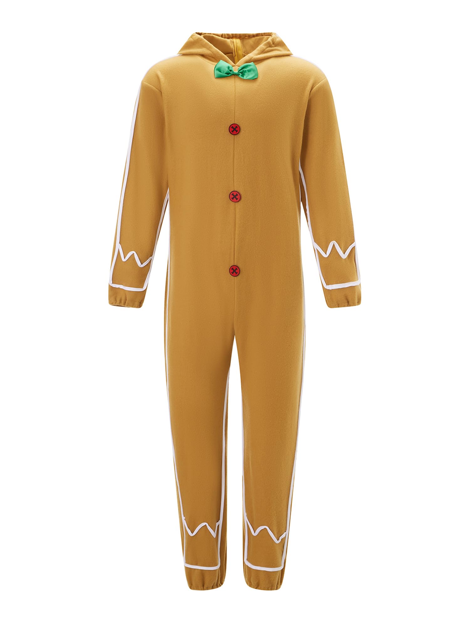 Anuedgis Christmas Gingerbread Man Costume Adult Funny Long Sleeve Hooded One Piece Jumpsuit for Xmas Cosplay Theme Party (B-Yellow Men, L)