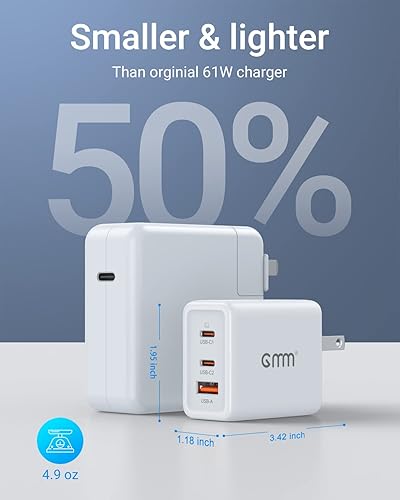 Miniatura 5 de GMM Cargador dual USB C, 65 W 3 puertos GaN bloque de cargador rápido, cargador de pared plegable compacto para MacBook ProAir, iPhone 15 14, Apple