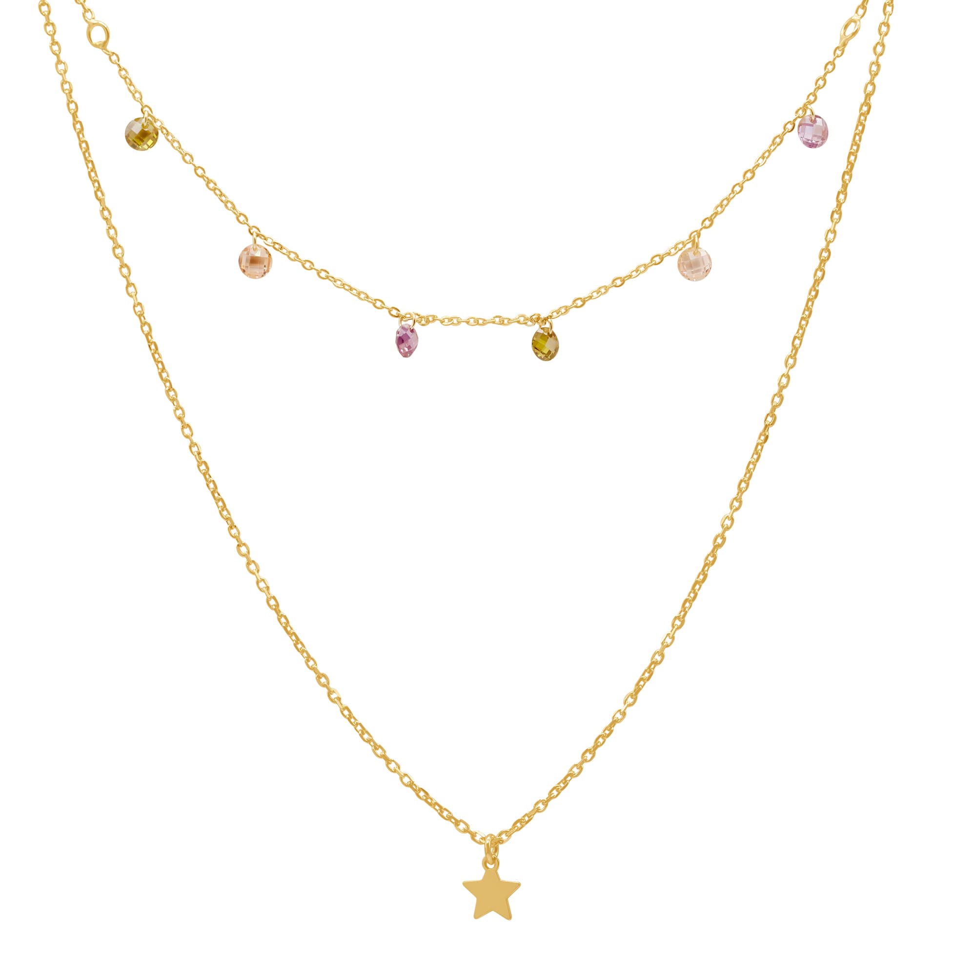 WANDA PLATA Gargantilla Collar Doble Estrella y Circonitas Plata de Ley Chapado Oro, para Mujer Joven, Chica con Cadena Regulable en Caja de Regalo