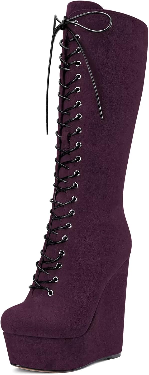 Castamere Women Wedge High Heel Close Round Toe Mid Calf Lace-up Zipper Classic Boots