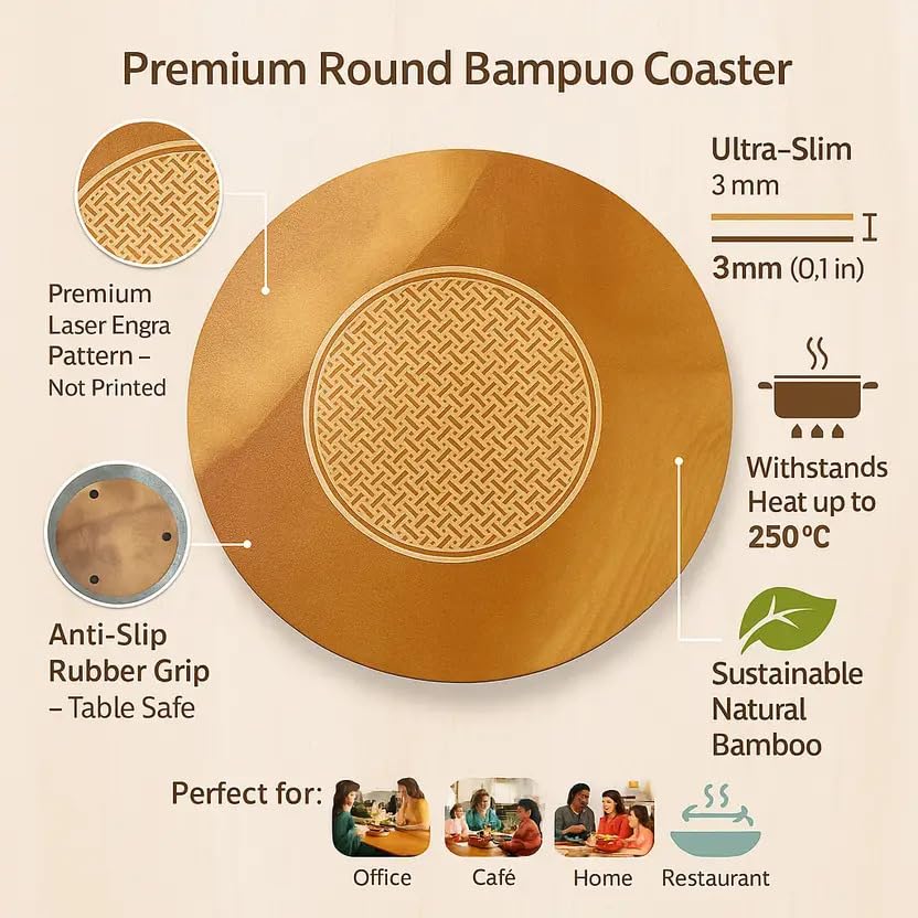 Image of Premium Round Shape Trivet - Heat Resistant Bamboo Pot Holder | Non-Slip Wooden Table Mat & Coaster for Dining, Kitchen & Table | 20cm Set of 4