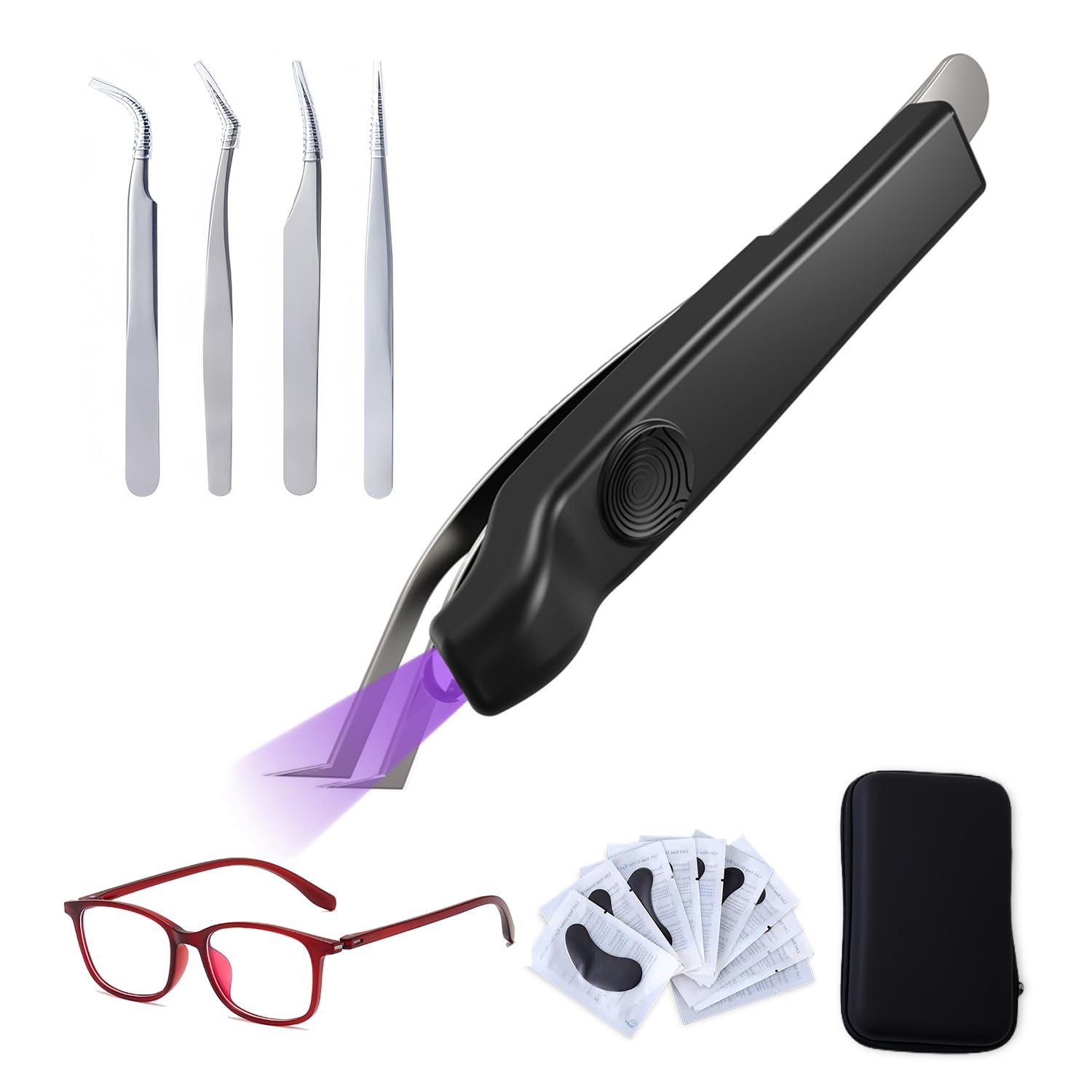 UV Lash Light for Eyelash Extensions Mini Uv Lash Tweezer Light Portable LED Flash Cure Lamp Handheld Waterproof 3S Curing Safe with UV-Protection Glasses, 10 Pairs Eye Patches, and 4PCS Tweezers