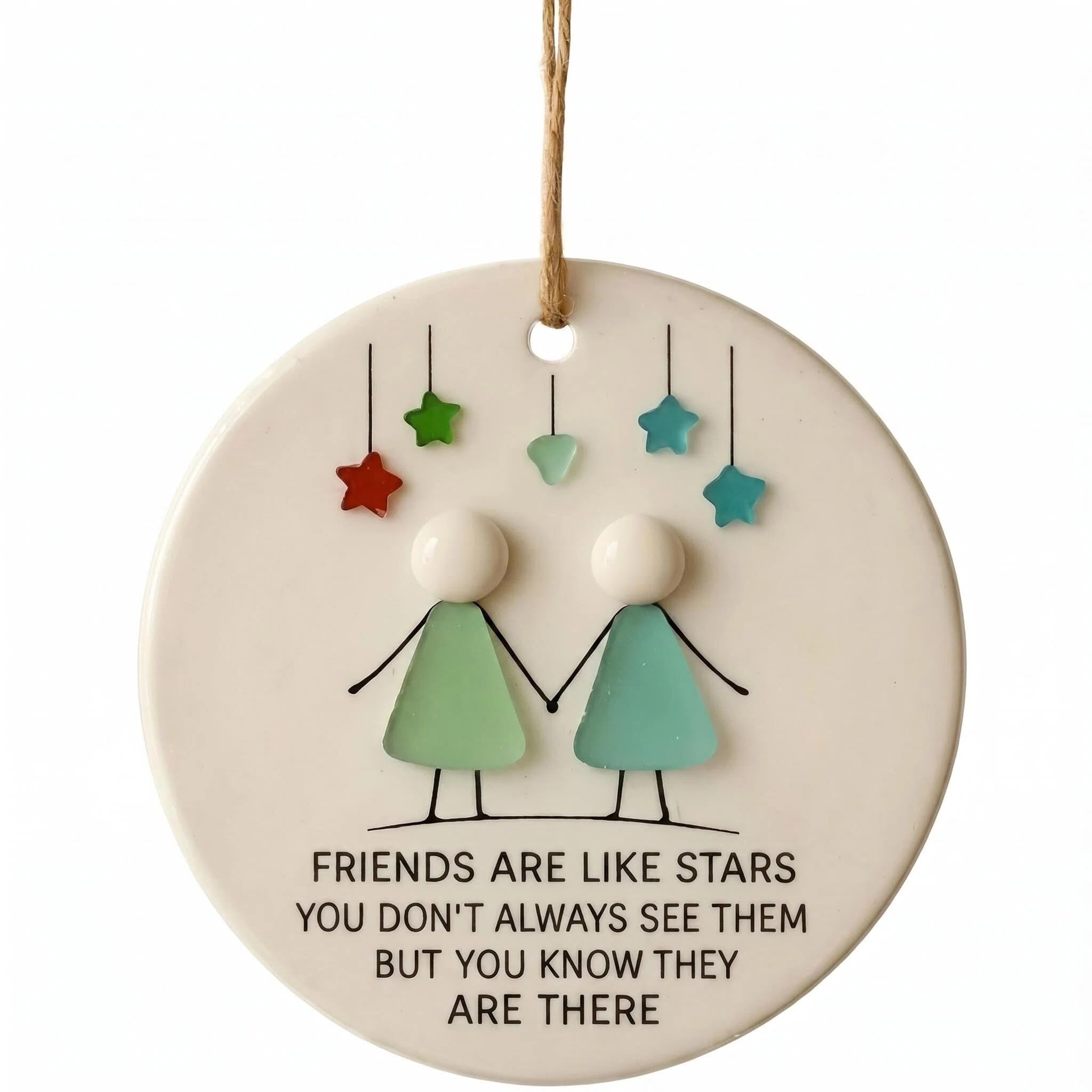 Friendship Sea Glass Heart Ornament, Real Sea Glass Friendship Gift, 8cm Ceramic Hanging Plaque with Quote "True Friends Are Like Seas Glasses", Glasses Ceramic Keepsake for Women Best Friend (Round)