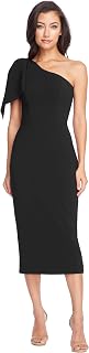 DressThePopulation Women's Tiffany One-Shoulder Bow Detail Midi Sheath Cocktail Dress