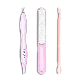 Classic 3Pcs Manicure Set, Gentle Plastic Pusher, Double-ended Cuticle Fork, Sandpaper File, At-Home Mani Essential, Pink