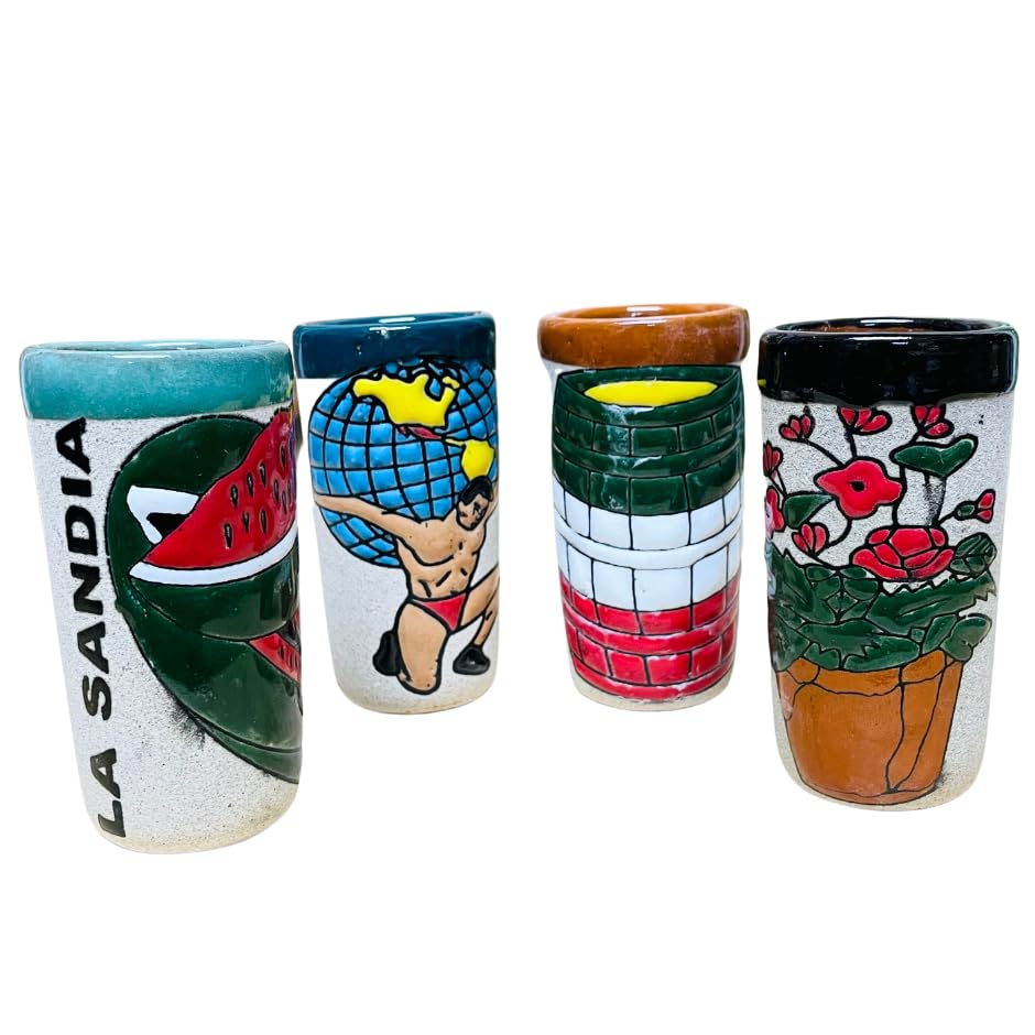 Set of 4 Arrenoso Loteria Tequilero - Loteria Shot Glass - Clay Shot Glasses - Guelaguetza Designs