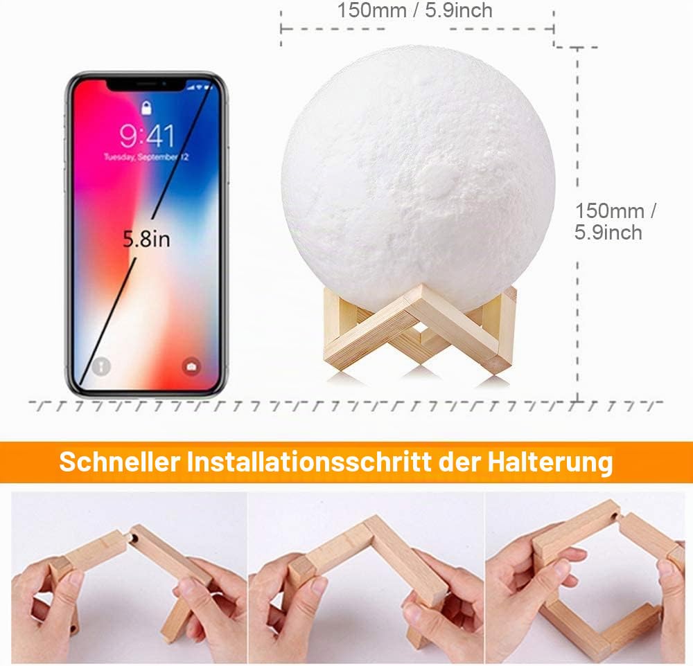 AGM LED Mondlampe 16 Farben Nachtlicht Stimmungslicht mit Fernbedienung und Touch-Steuerung Dimmbar Mondlamp Ø15 cm 3D Druck mit Holzhalterung für Schlafzimmer Café Bar Esszimmer