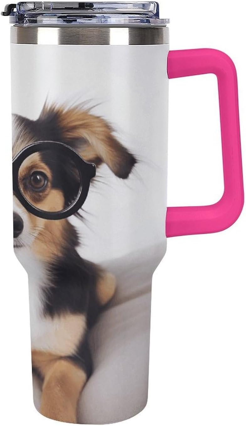 Cute Dog with Glasses Tumbler 40 Oz with Handle&Lid Large Car Cup Stainless Steel Vacuum Travel Mug Insulated Water Bottle Leak-proof Portable Coffee Cup for Home Car Outdoor