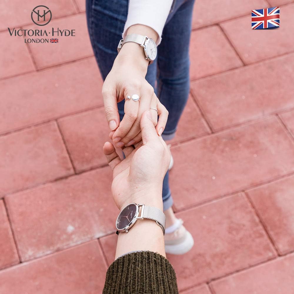 VICTORIA HYDE Couple Watches for Men Women Genuine Leather Strap Stainless Steel Mesh Band His and Hers Waterproof Quartz Wristwatch Gifts Set for Lovers
