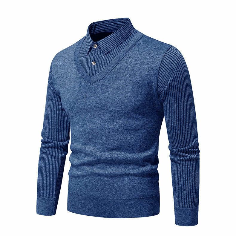 Pull tricoté chaud automne hiver chaud peluche col de chemise patchwork - 2