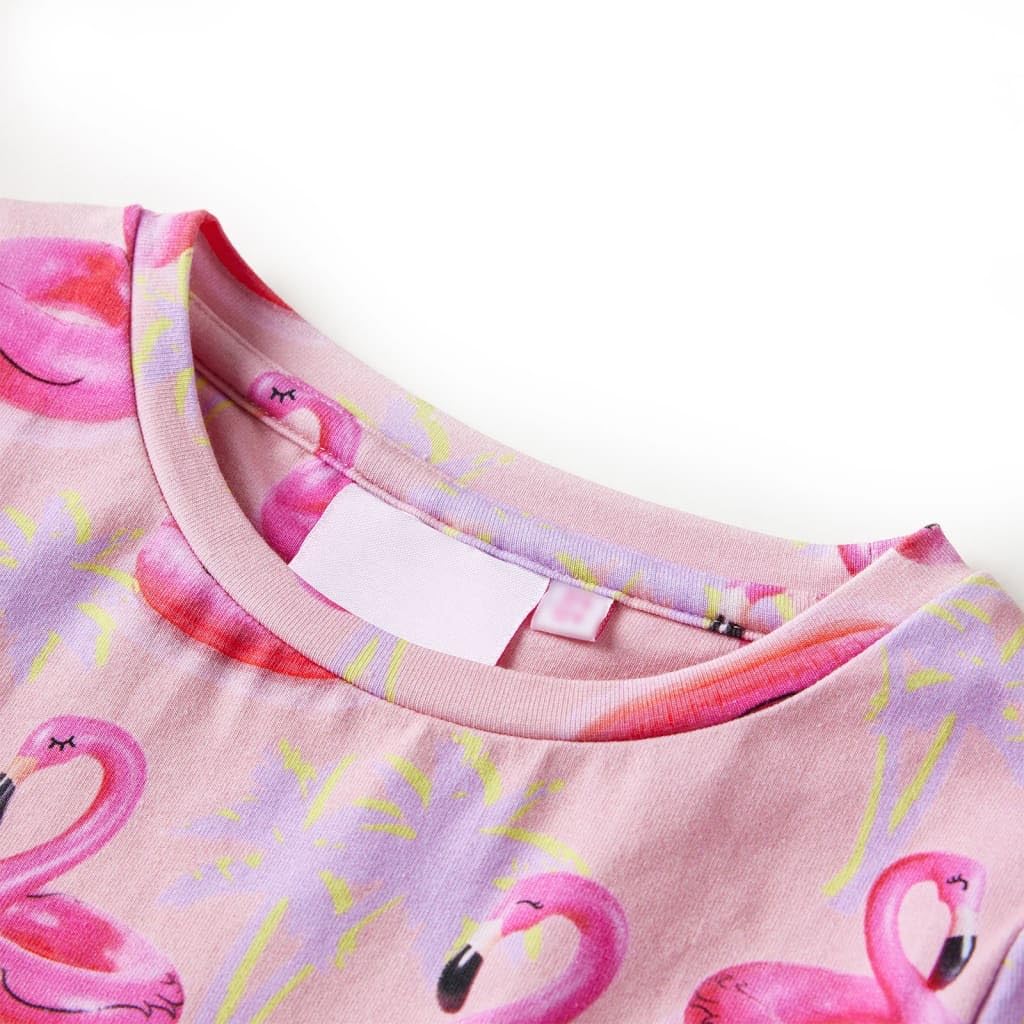 Vestido infantil rosa claro de algodón con flotadores de flamencos y árboles, talla para niña, manga corta, cuello redondo, transpirable, cómodo, lavable a máquina, verano