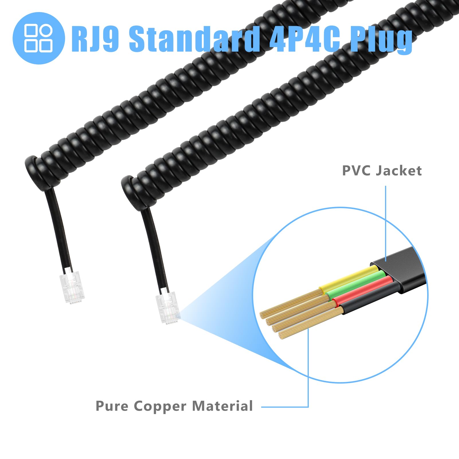 Cable de teléfono para teléfono fijo de 8 pies sin enrollar (2, negro)