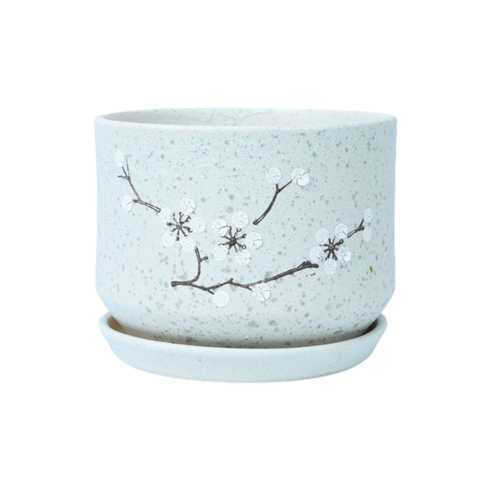 asdchZen Chinese Style Plum Pattern Ceramic Flower Pot With Drain Holes & Saucer Indoor Outdoor Plant Container For Gardening,B-15cm