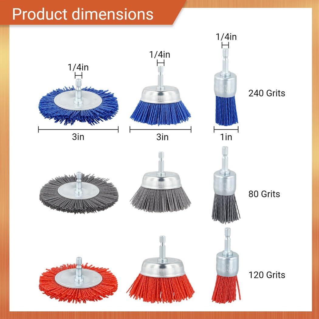 Generic 9 Pack Abrasive Wire Brush Wheels Made of Nylon, Drill Brush Set Featuring 3 Sizes with 1/4 Drill Shank, Ideal for Rust, Corrosion, and Paint Removal, 80, 120, 240 Grit