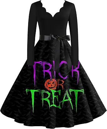 OIOLOYJM Sexy Plus Size Halloween Costumes Woman 2025 Long Sleeve V Neck Printed Gothic Retro Formal Party Dresses for Women